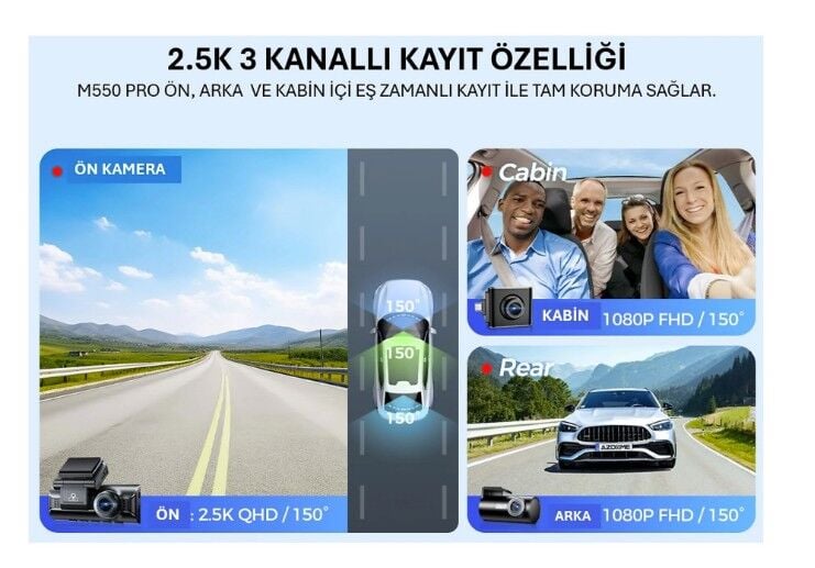 AZDOME M550 Pro 3 KAMERALI 4K ARAÇ KAMERASI