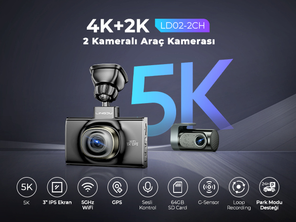 LINGDU LD02 2 KAMERALI 5K ARAÇ KAMERASI