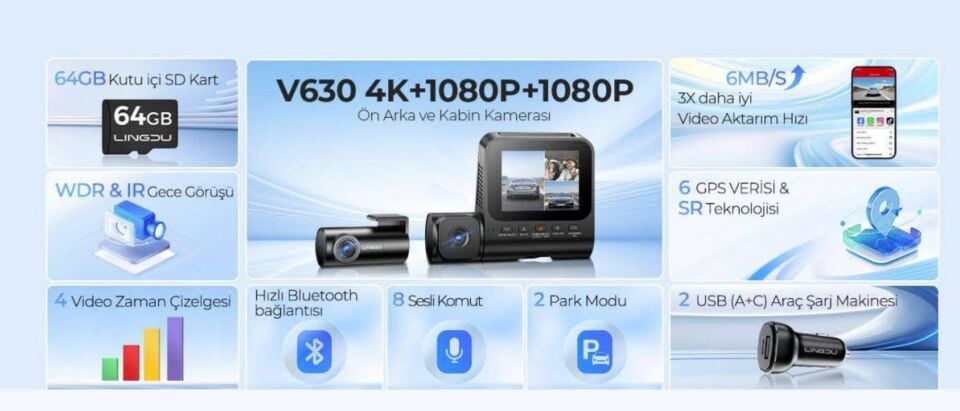 LINGDU V630 3 KAMERALI 4K ARAÇ KAMERASI