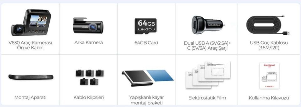 LINGDU V630 3 KAMERALI 4K ARAÇ KAMERASI