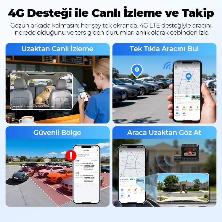 AZDOME S50 4K 2 KAMERALI SİM KARTLI 7/24 İZLENEBİLİR ARAÇ KAMERASI + PARK KİTİ + SOS BUTONU