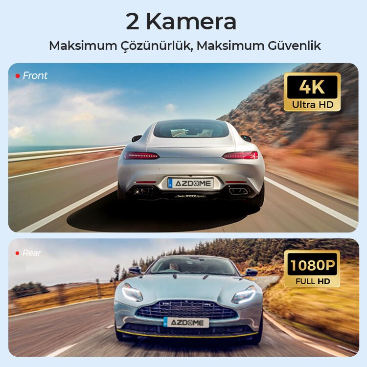 AZDOME S50 4K 2 KAMERALI SİM KARTLI 7/24 İZLENEBİLİR ARAÇ KAMERASI + PARK KİTİ + SOS BUTONU