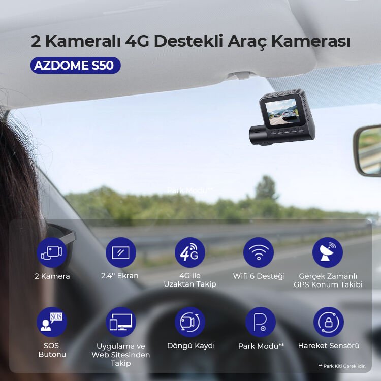 AZDOME S50 4K 2 KAMERALI SİM KARTLI 7/24 İZLENEBİLİR ARAÇ KAMERASI + PARK KİTİ + SOS BUTONU